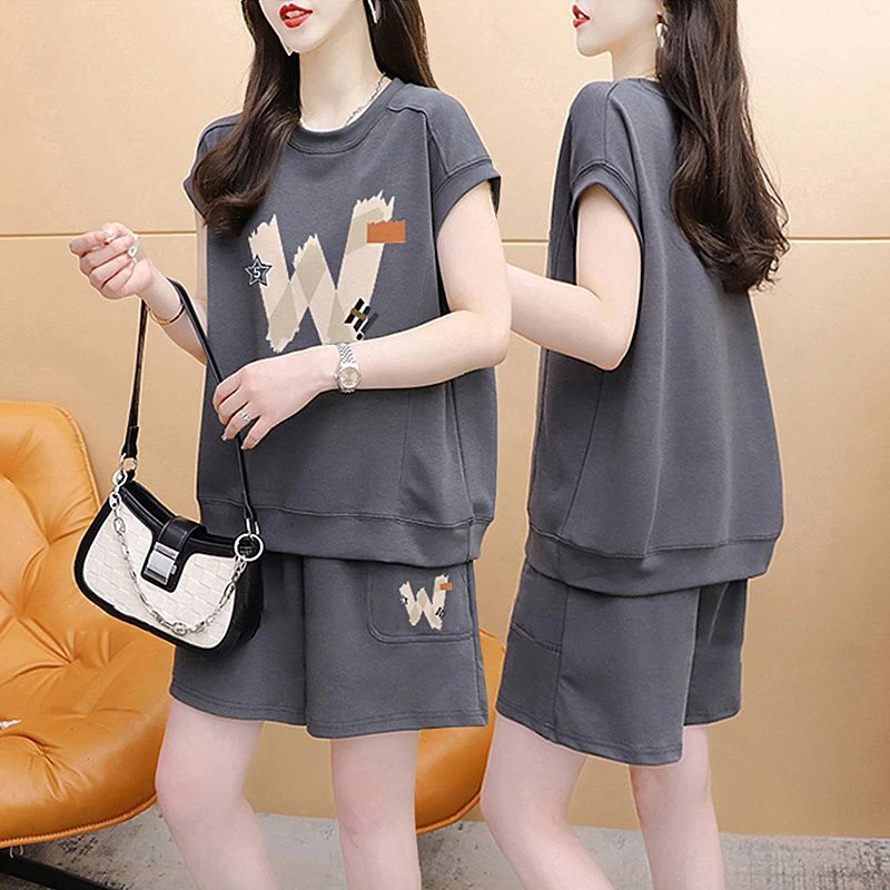 韩版洋气纯棉短袖T恤+短裤两件套女2025新款夏季宽松休闲运动套装