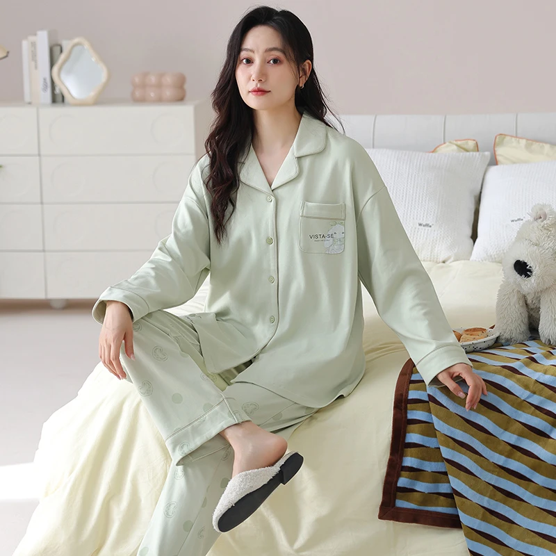 2025新款莉莉家女士加厚纯棉绿色玩偶开衫长袖睡衣家居服可外穿