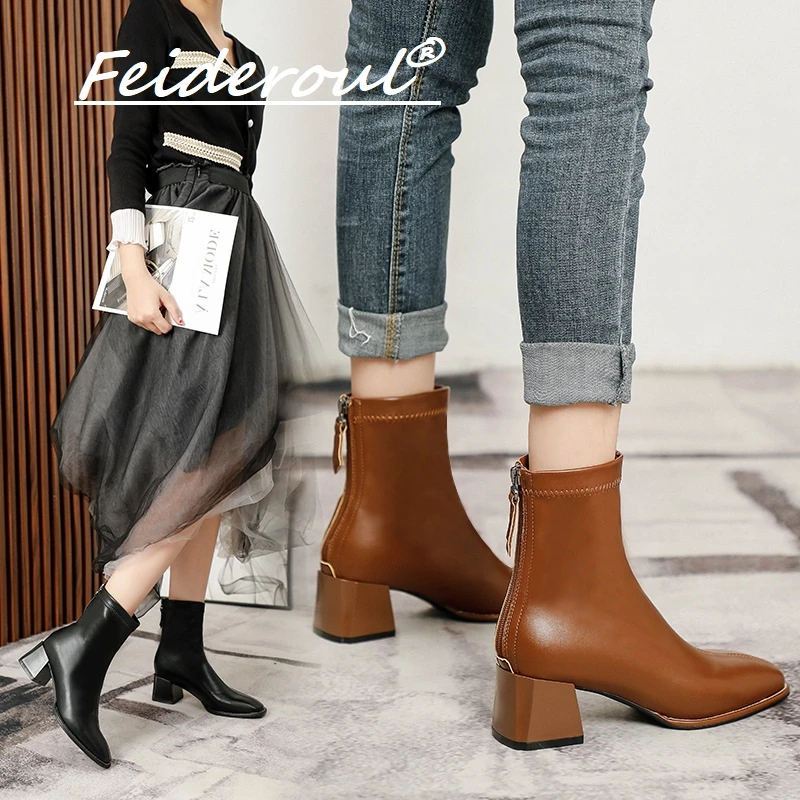 Feideroul短靴女高粗跟2025新靴软皮法式方头秋冬加绒中筒瘦瘦靴