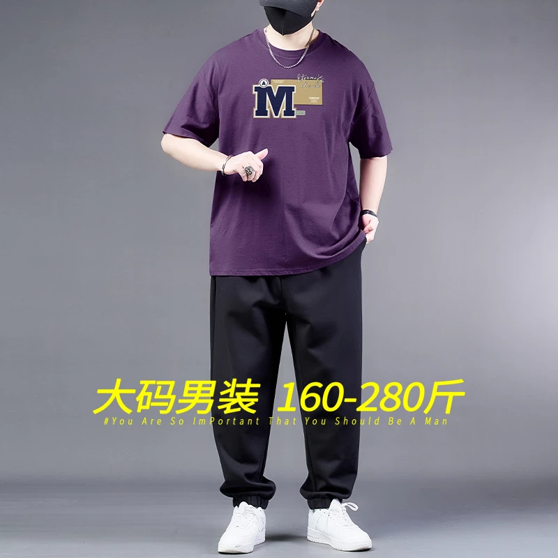 大码男士t恤短袖夏季新款胖哥宽松美式加肥加大潮流体恤运动套装