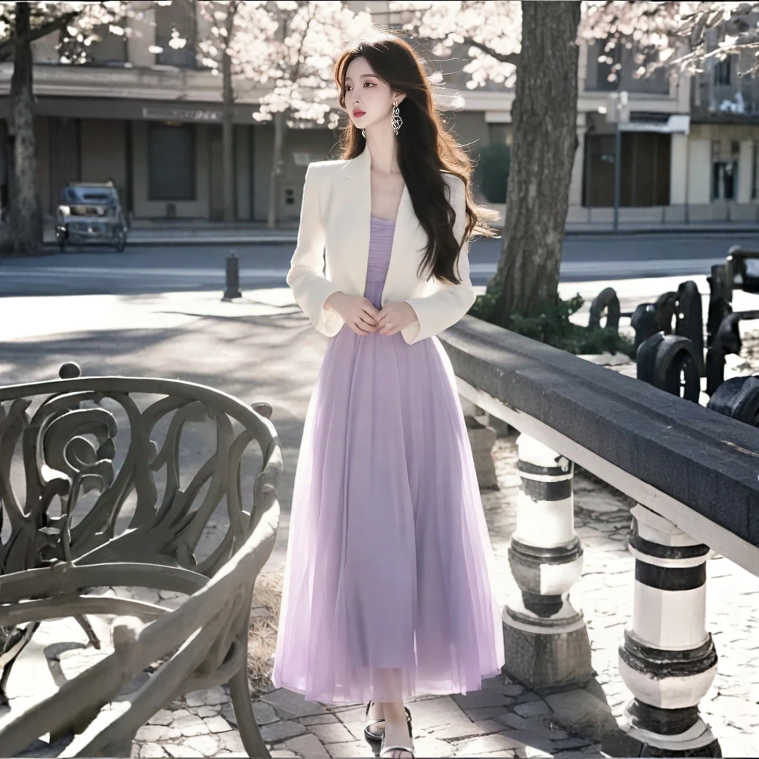 2025秋季轻奢高级感超好看独特漂亮白色西装外套紫色连衣裙套装女