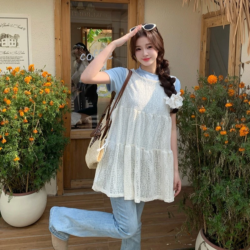 2025春装新款胖mm大码女韩版蕾丝无袖背心纯色短袖两件套