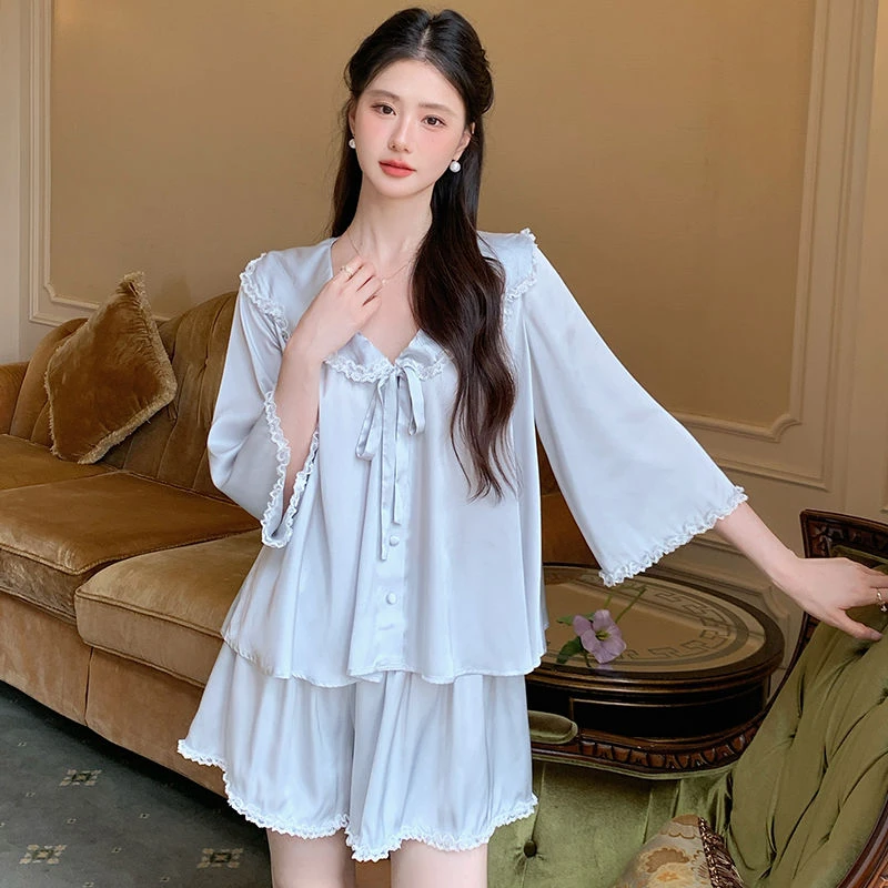 法式气质蕾丝花边冰丝睡衣女款夏季新款大码休闲宫廷风居家服套装