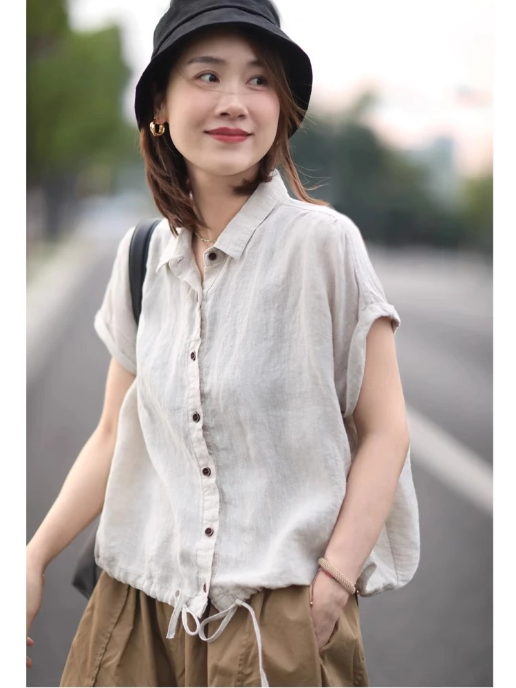 复古夏季宽松文艺时尚休闲衬衫领纯色排扣衬衫抽绳棉麻短袖上衣潮