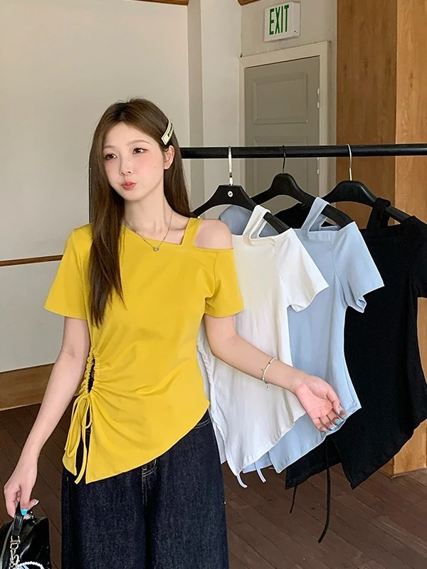 大码不规则镂空斜肩短袖t恤女夏胖mm遮肚子显瘦抽绳收腰露肩上衣