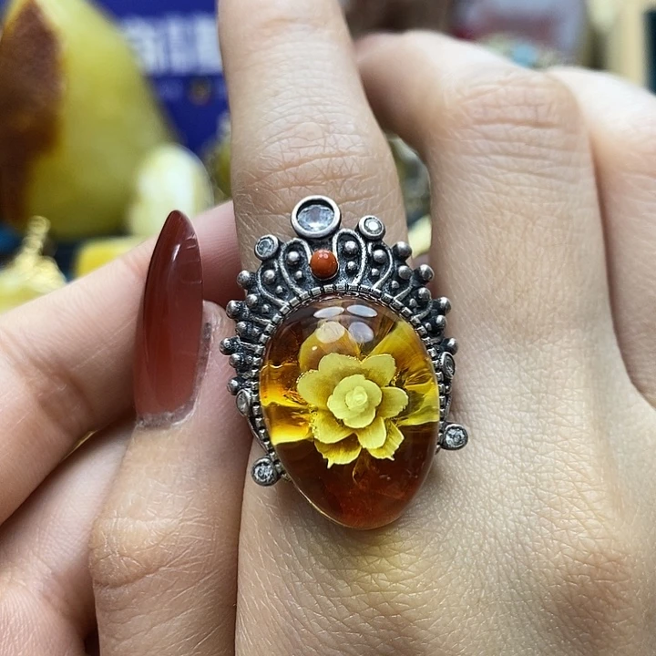 琥珀戒指银S925镶嵌戒指