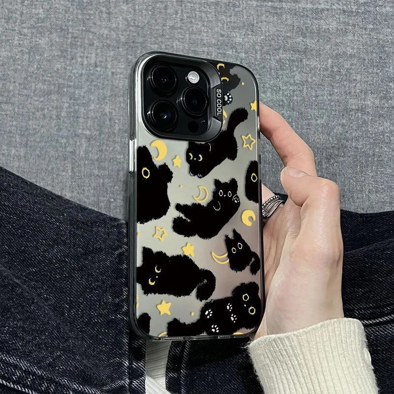 将顿适用苹果16手机壳月亮黑猫iPhone16pm高级感彩银14/13防摔