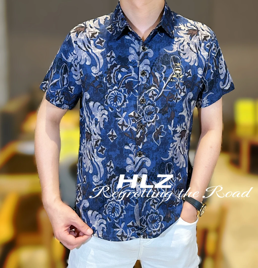 2025夏季新款男士高品质修身时尚个性花纹薄款纽扣款翻领短袖衬衫