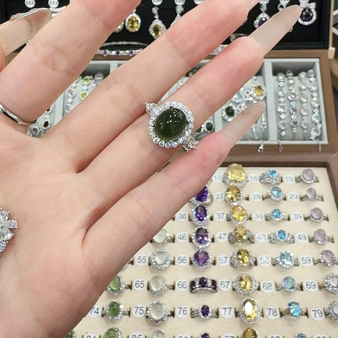 我***柚蛇纹石玉银S925镶嵌戒指