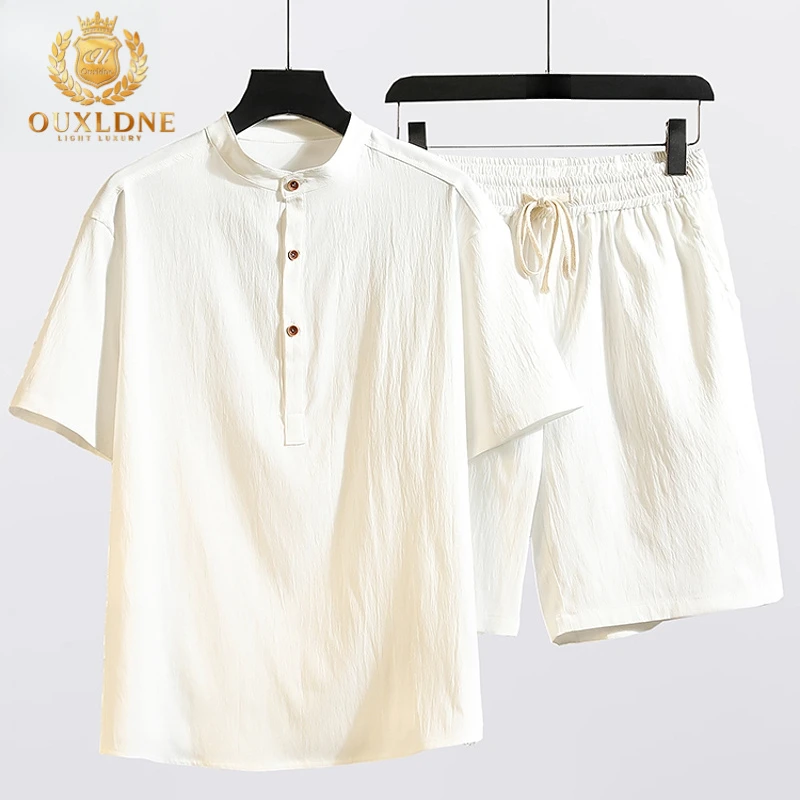 OUXLDNE 夏季冰丝套装男士短袖短裤潮流痞帅运动休闲宽松大码男装