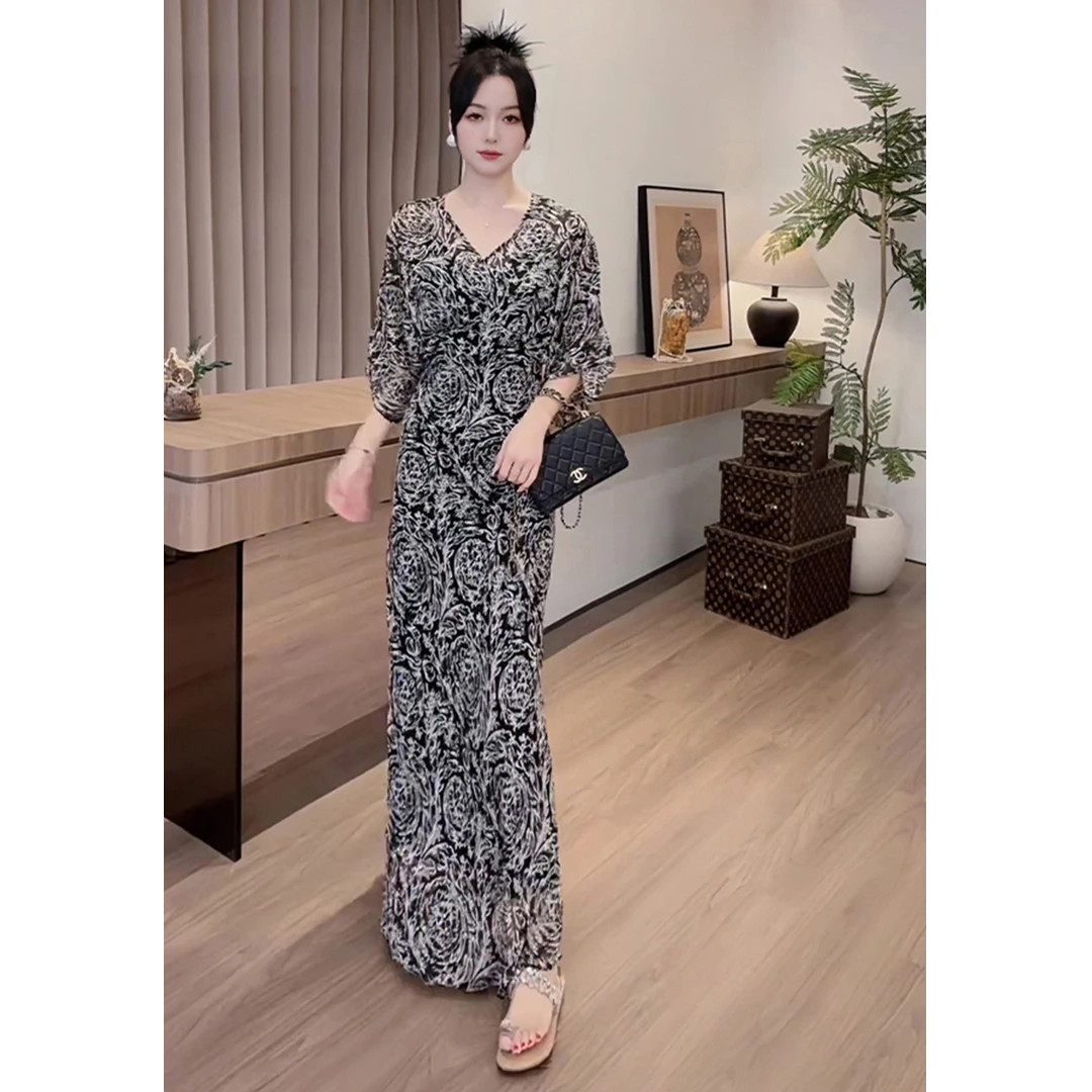 法式水墨画收腰短袖连衣裙女2025新款夏季气质修身显瘦A字长裙子