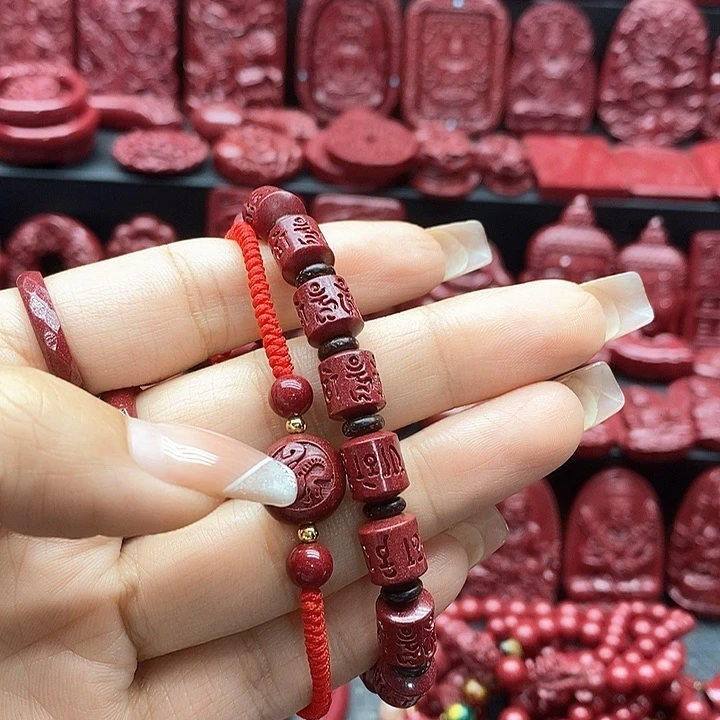 天然辰砂六字真言桶珠编手链