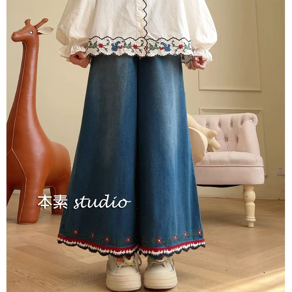 洱海C4701刺绣松紧腰牛仔阔腿裤