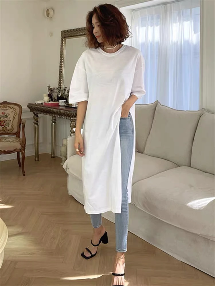 W白色长T恤女过膝白色短袖夏季宽松中长款开叉上衣A233