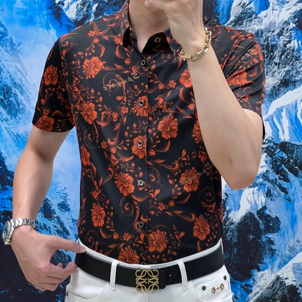 春夏新款男士爱马橙色个性印花薄款修身短袖衬衫