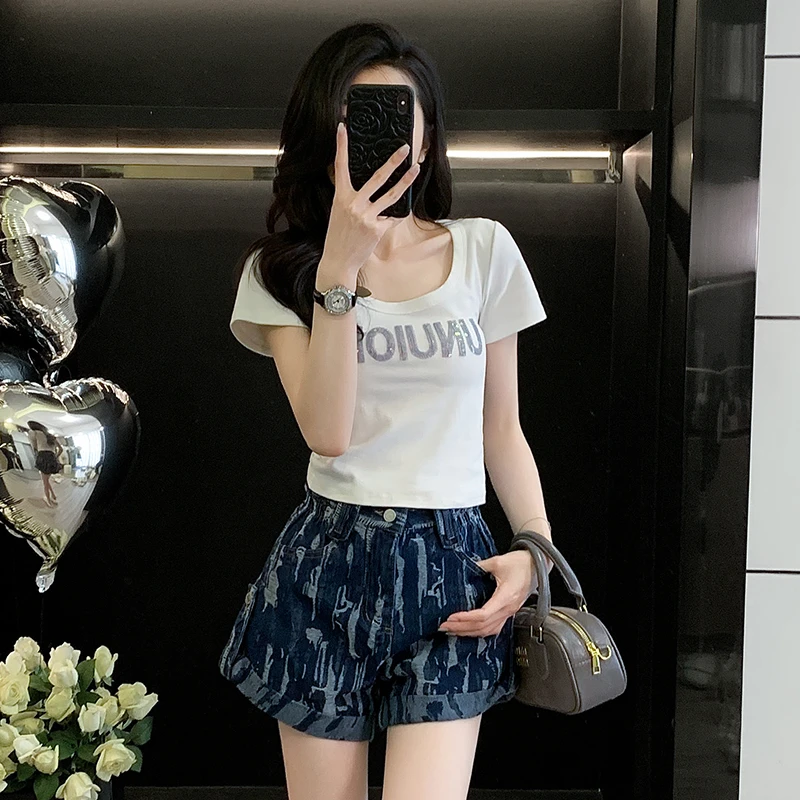 甜妹套装夏装小个子修身短款短袖t恤高腰穿搭小个子洋气套装短裤
