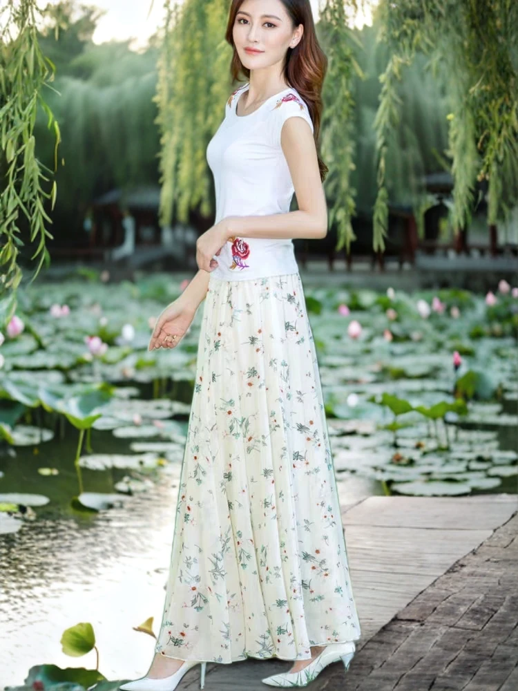 大摆半身长裙夏女雪纺妈妈花色舞裙气质修身波西米亚印花碎花裙子
