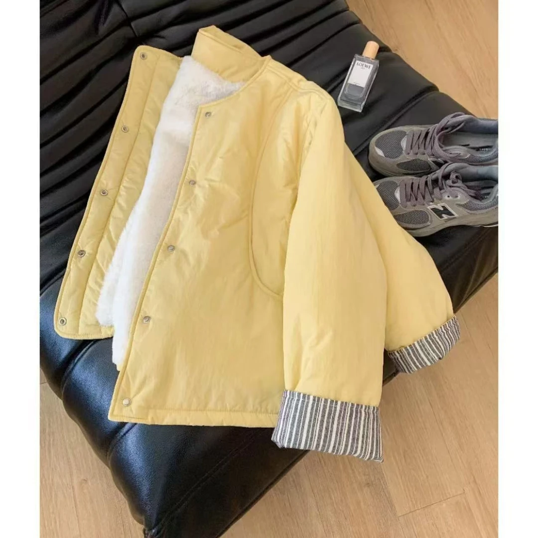 2024冬季新款韩版宽松蓝色百搭圆领棉服外套韩系穿搭加厚保暖棉衣