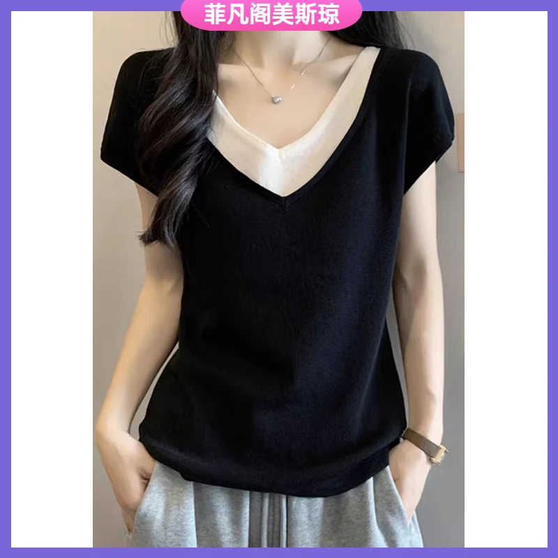 I大码假两件正肩冰丝短袖t恤女夏季胖mm遮肚子洋气v领针织上衣l