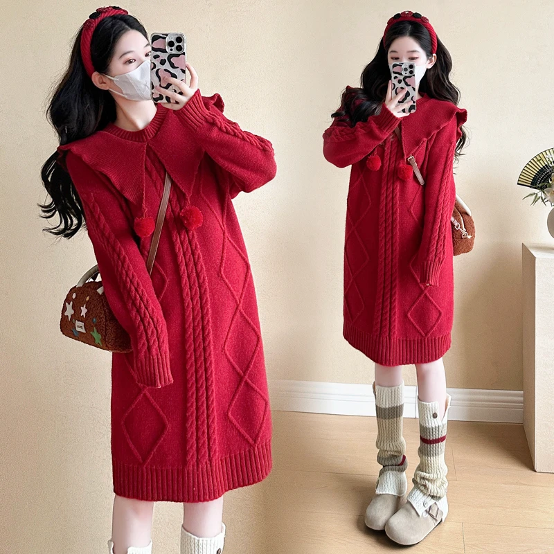 孕妇连衣裙秋冬小个子甜美气质裙冬季韩版时尚款减龄显瘦娃娃裙子