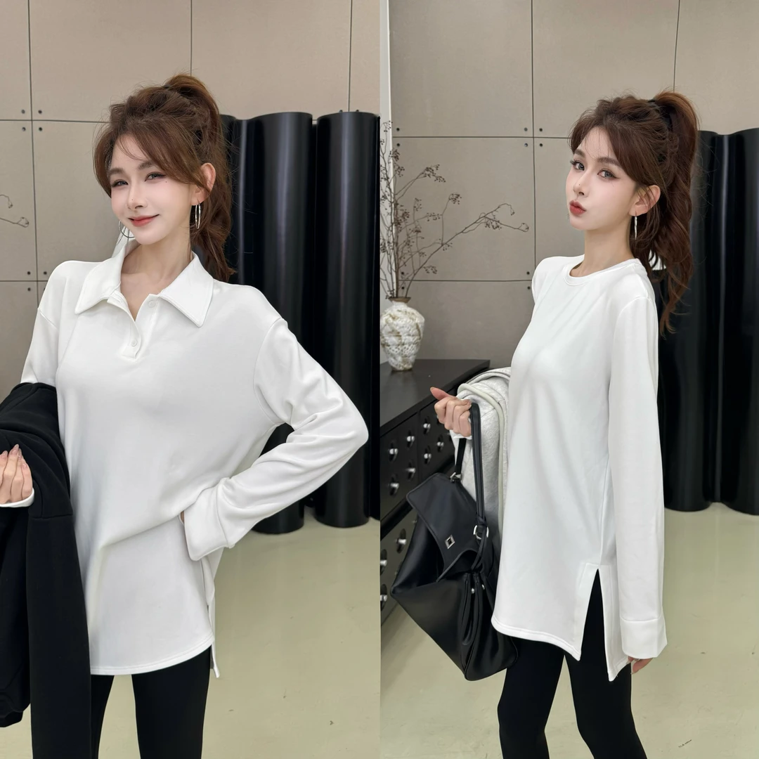 【至简万能t长袖打底休闲】中长款内搭遮屁股加绒上衣白色秋冬宽松