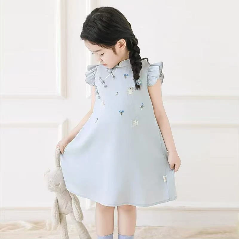 女童玉兔蘑菇刺绣旗袍裙夏季甜美可爱水晶盘扣立体飞袖连衣裙