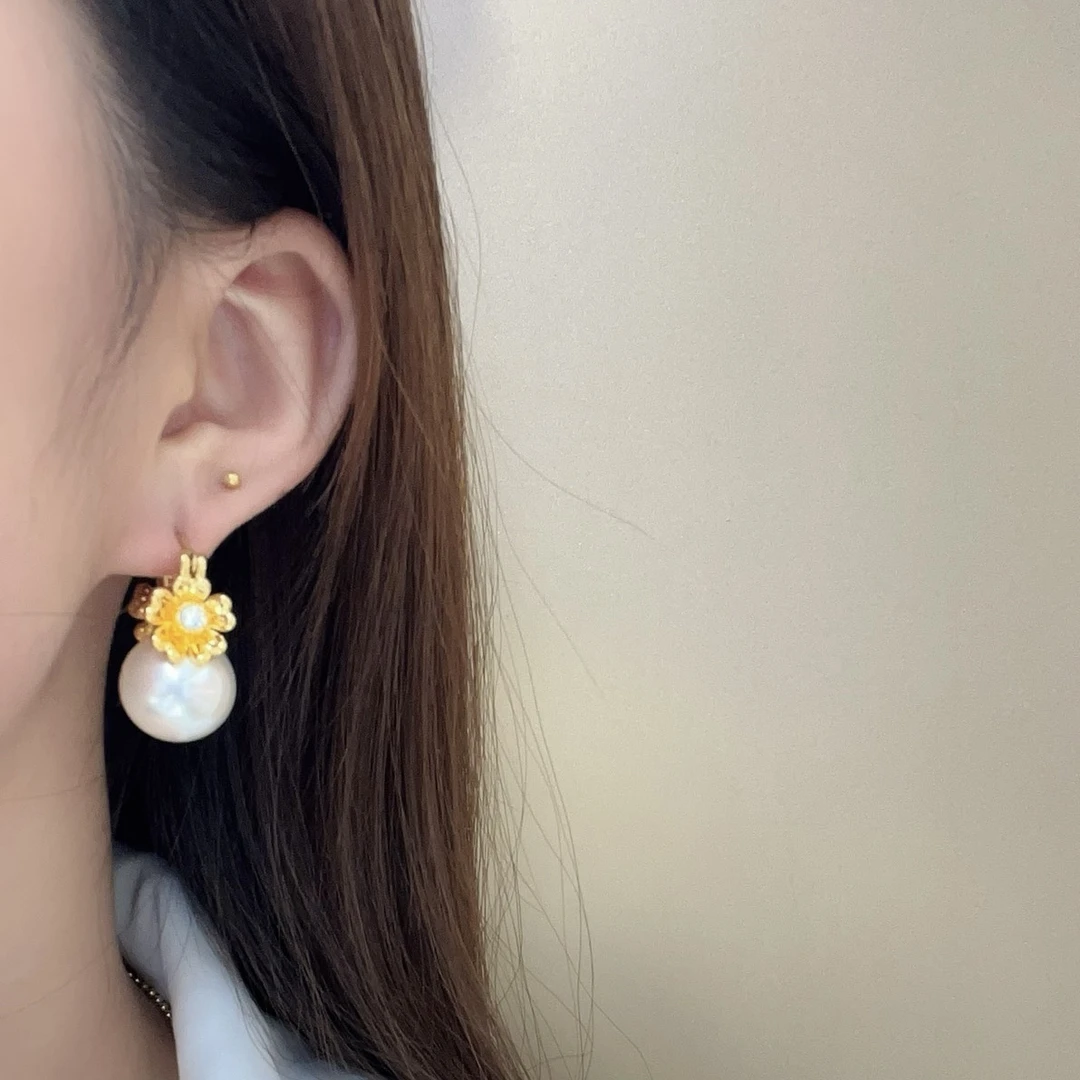足金999花朵珠珠耳扣5D黄金耳饰