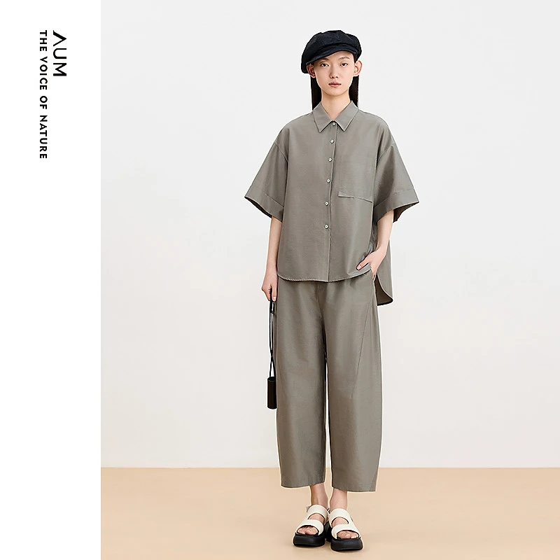 AUM24年夏季薄款简约宽松港风轻熟时尚阔腿休闲裤M1EG25165