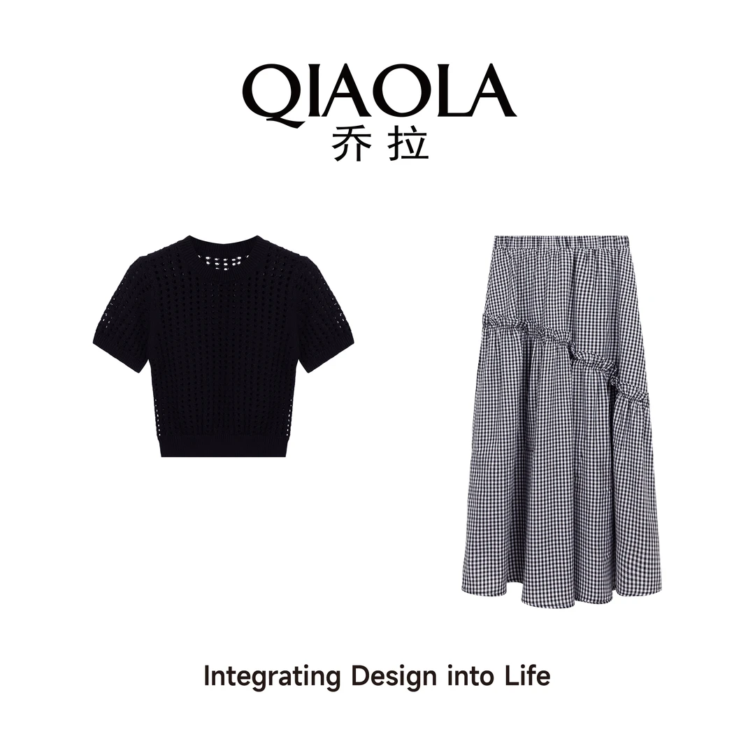 QIAOLA/乔拉【几何画展】夏季镂空棉纱圆领格纹休闲A版时尚套装预售