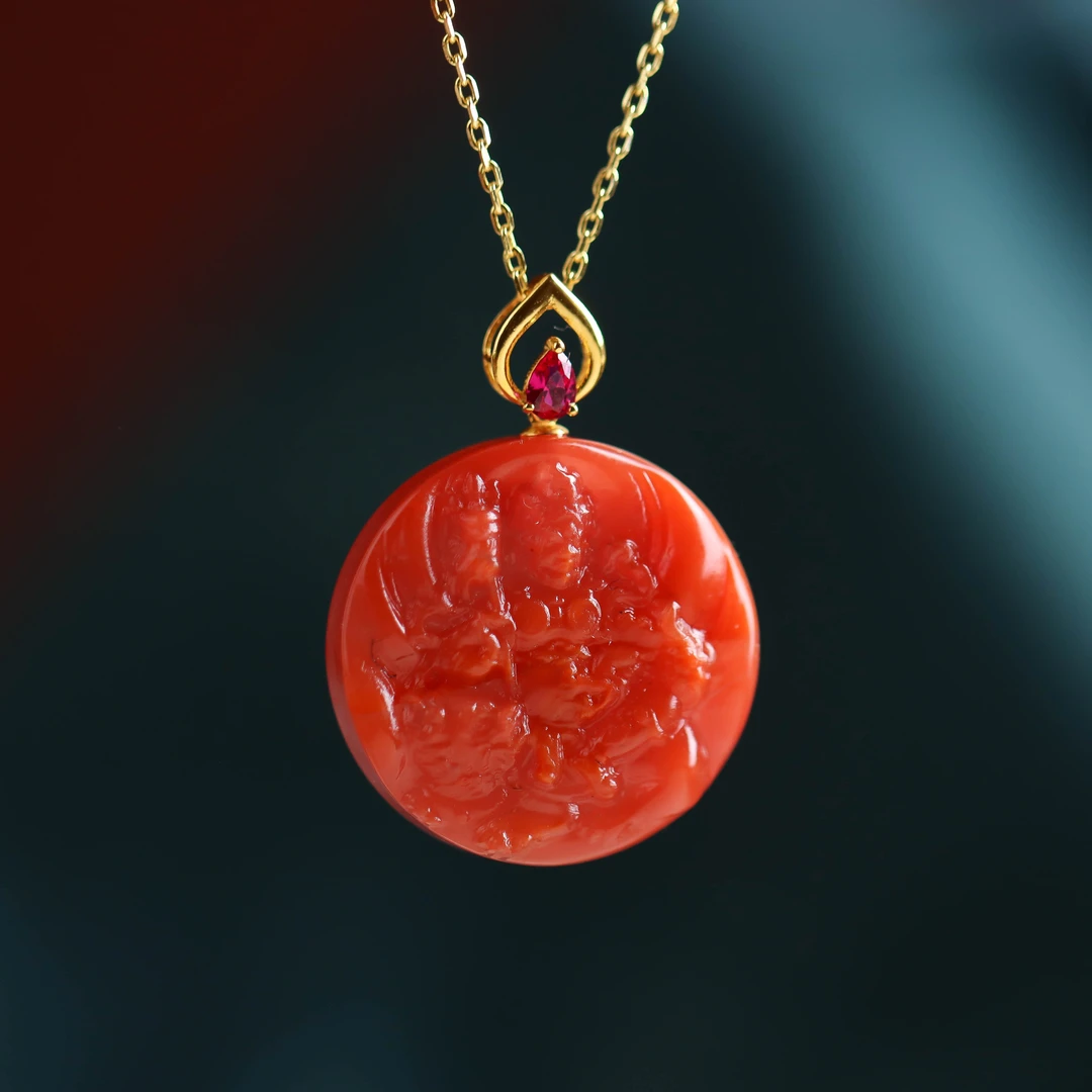 南红白财神18K金吊坠不含链