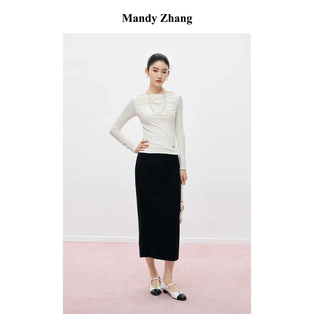 【MandyZhang】白色一字领针织T恤女春高级感气质高支长袖打底上衣