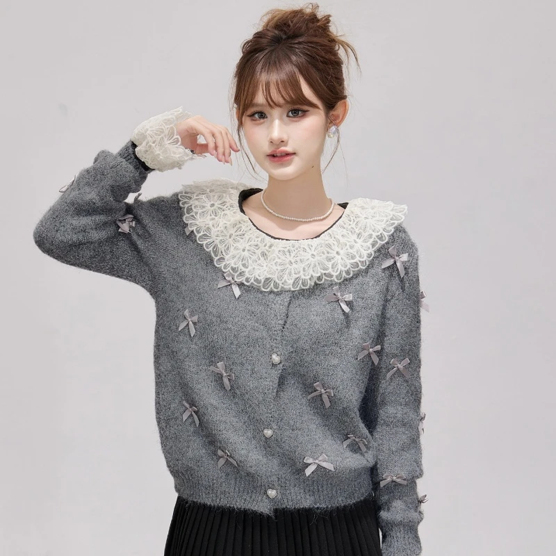 Lyrccoa蝴蝶结短款圆领毛衣开衫