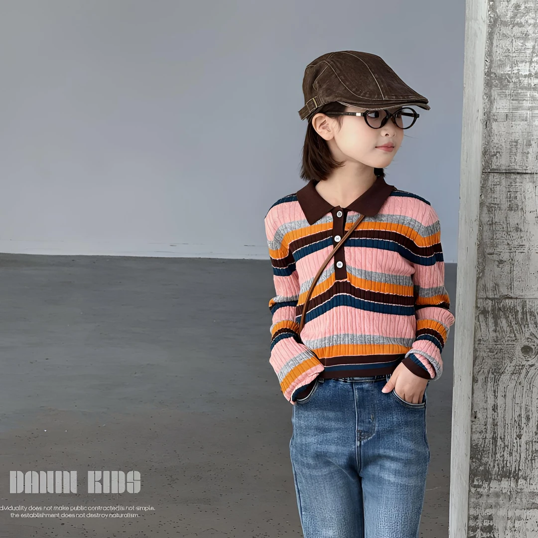 嗒囜【彩虹权杖】弹力舒适无束缚彩色条纹女童秋季长袖针织衫上衣