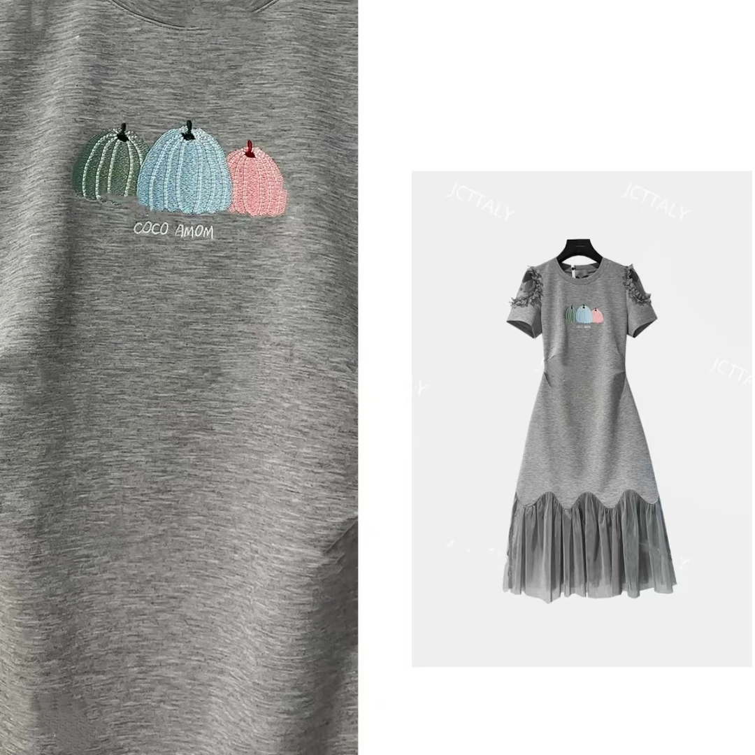 气质减龄烫钻南瓜露肩拼接时尚百搭收腰夏季连衣裙裙子