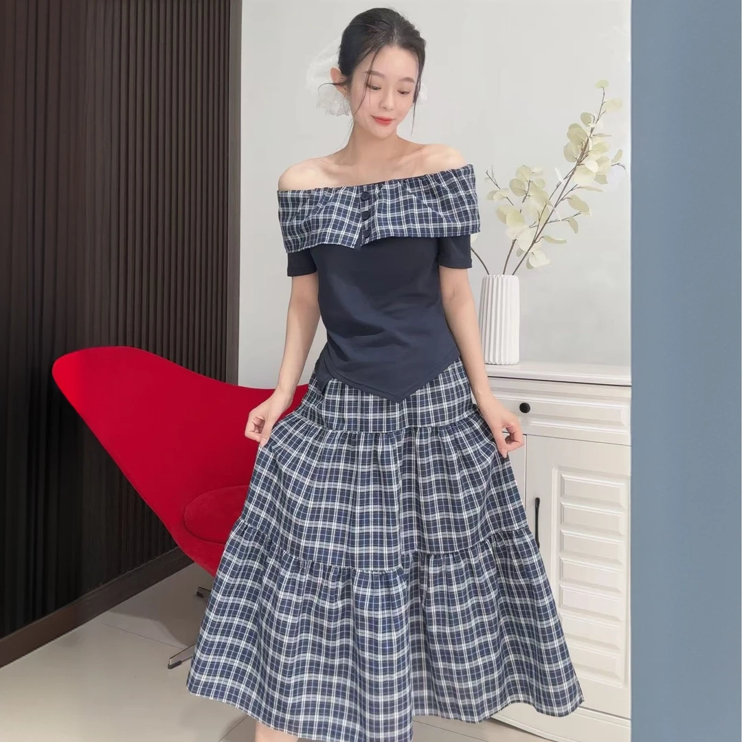 韩版两穿格子娃娃领收腰不规则上衣➕半裙套装28685