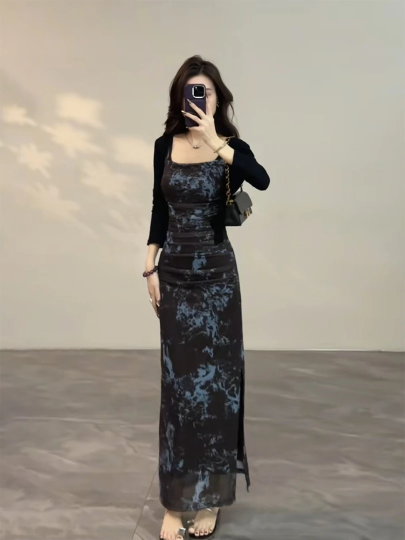 夏季新款高级感墨染修身开叉包臀吊带裙+长袖防晒开衫气质两件套