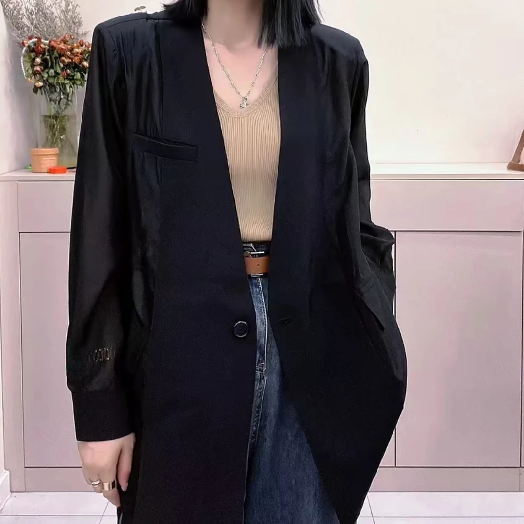 856欧美风设计感防晒拼接无领黑色西服060