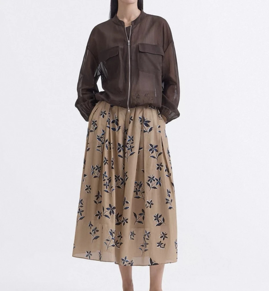 E201鄂系女装丝棉混纺剪影印花A字气质半身裙25夏新品