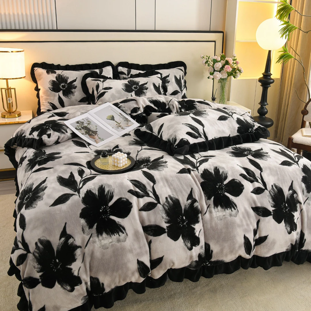 冬季加厚母婴级法式赫本风牛奶绒四件套床裙款床笠双人套件