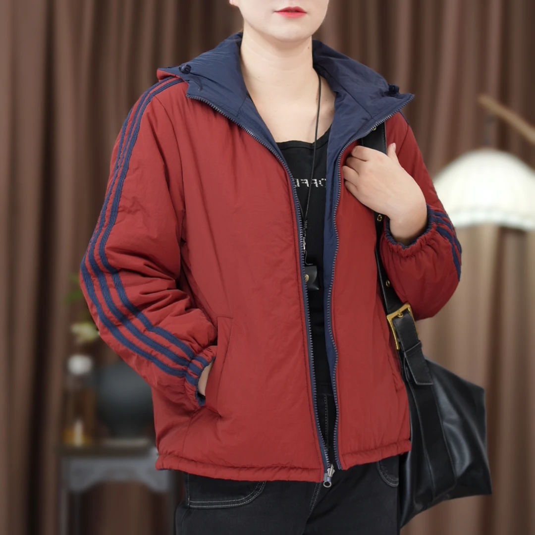 两面穿棉服女秋冬新款棉衣外套百搭宽松连帽棉服潮条纹拼接撞色