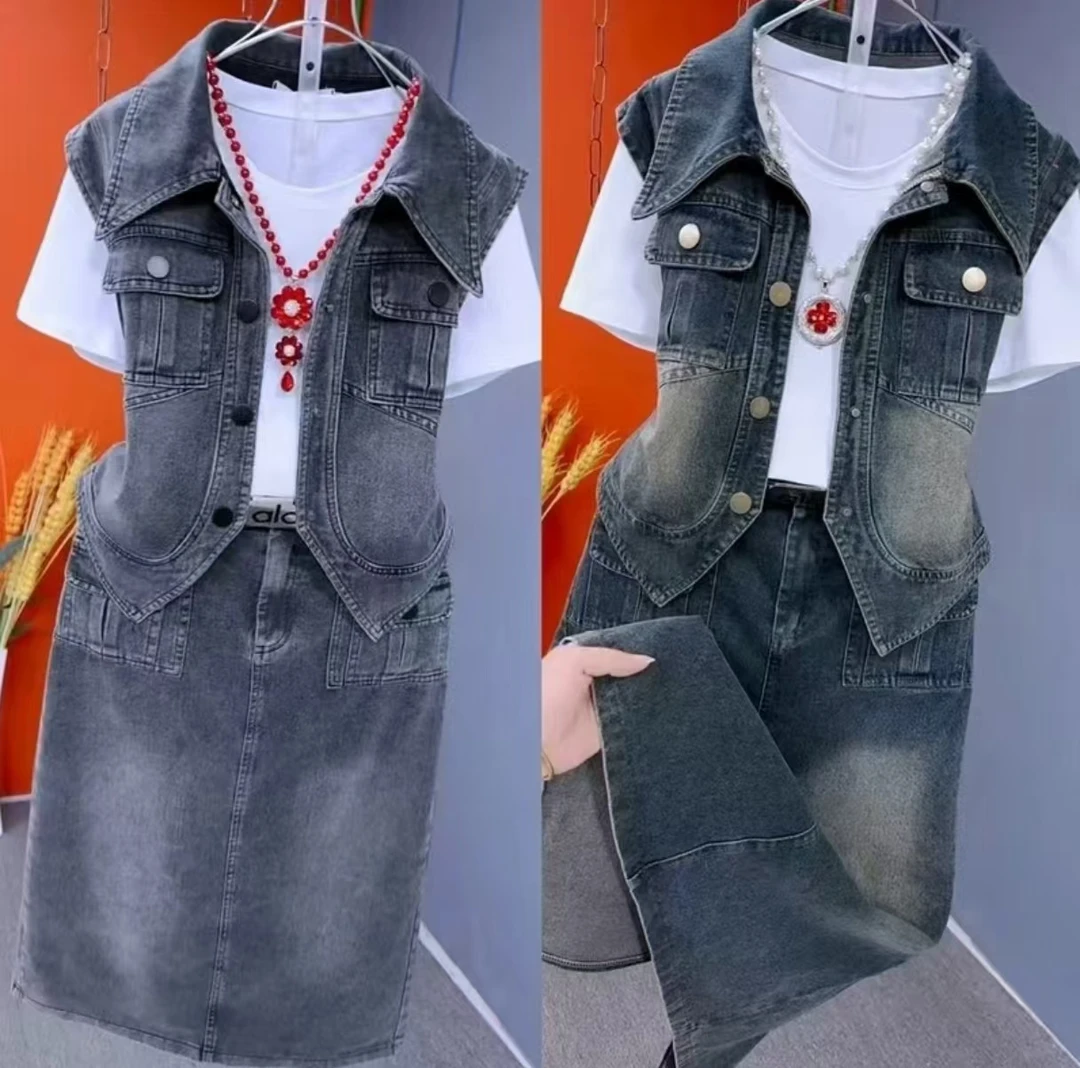 韩版洋气牛仔三件套翻领马甲半身裙搭配净版半袖2025秋季新款套装