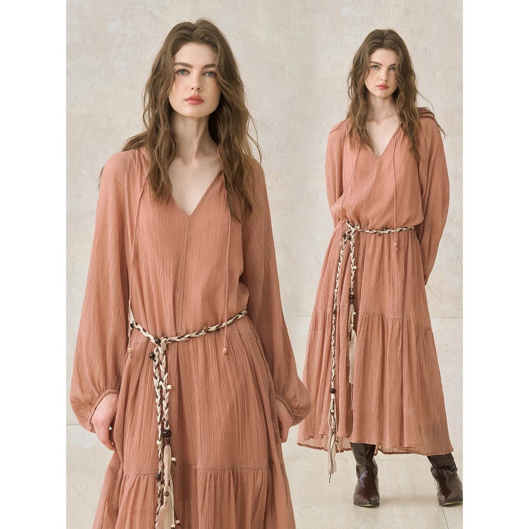 Miorastudio法式复古干枯玫瑰V领裙子气质优雅两件套连衣裙长裙