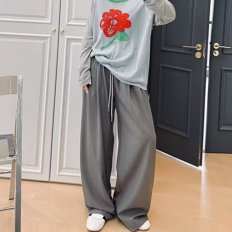 2513阔腿裤女夏季薄款拼色系带休闲裤带口袋高腰百搭直筒裤