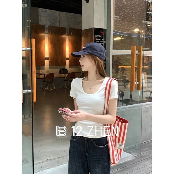 2025春夏韩版正肩V领休闲百搭新款设计感气质短袖纯色上衣T恤女