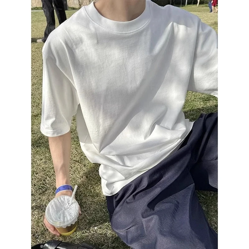 美式320g重磅正肩t恤男夏季精梳棉二本针短袖小领口oversize半袖