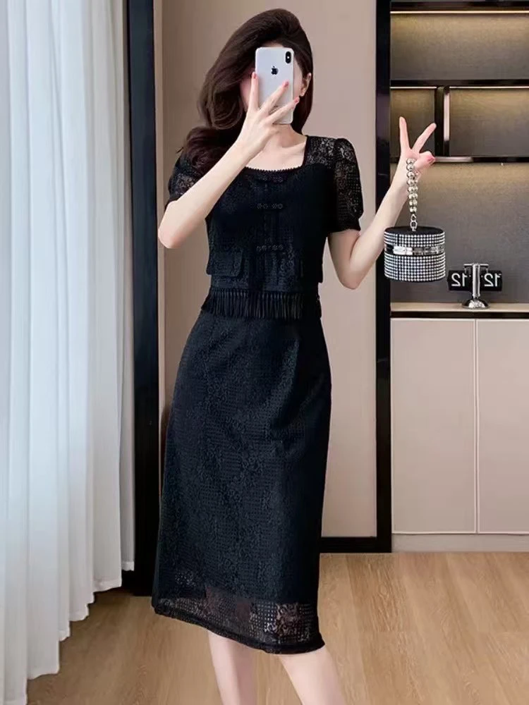 柔风连衣裙高纯色中腰夏季连袖名媛拼接显瘦黑色收腰连衣裙