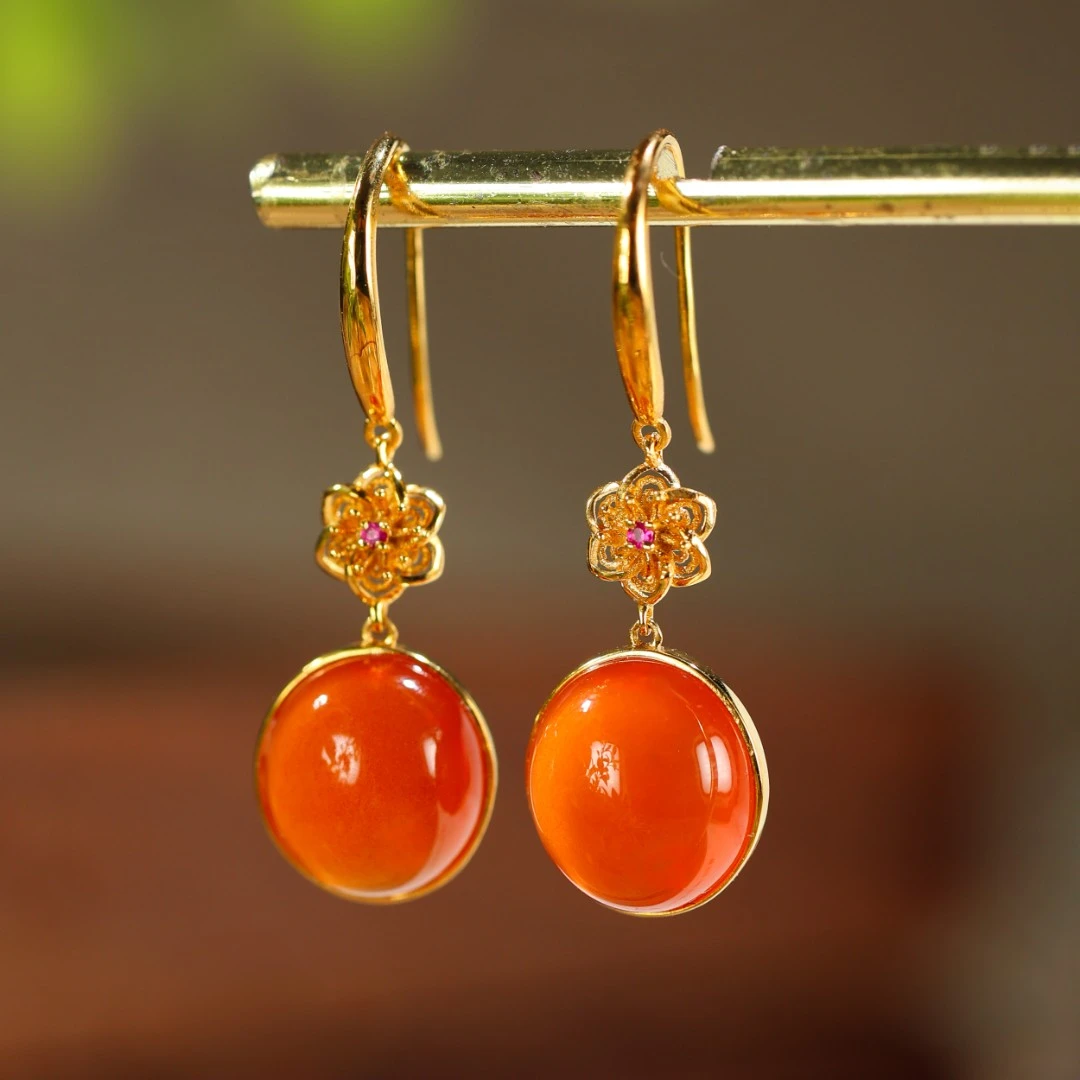 桃之夭夭/18K金南红冰红耳钩