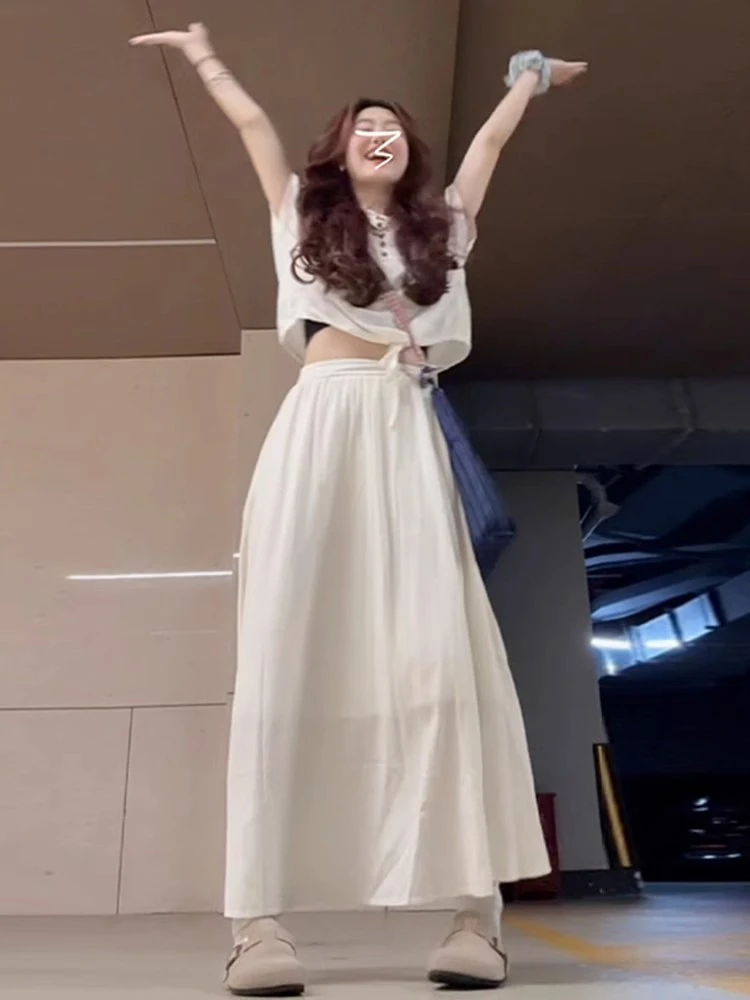 清冷感白色套装夏季宽松短袖上衣女气质中长款半身裙新中式两件套
