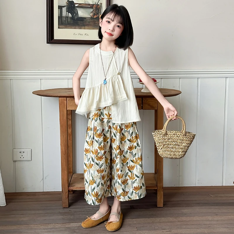 女童夏套装2025新款大童女孩无袖棉布娃娃衫背心碎花阔腿裤两件套
