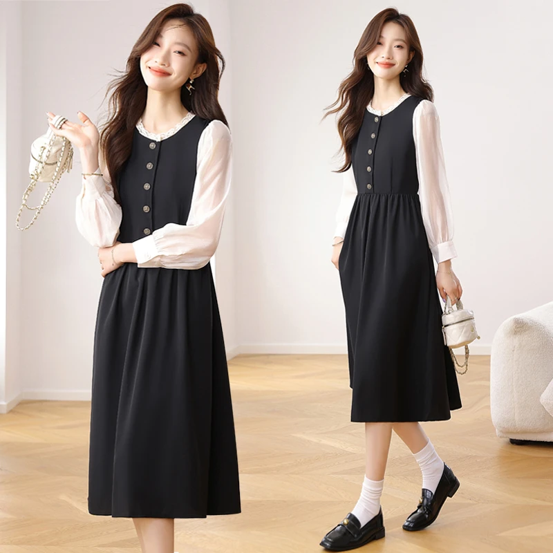 法式假两件撞色气质连衣裙2025早秋新款小个子收腰显瘦中长款裙子